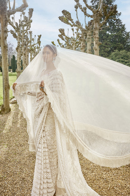 Nude Cream Stripe Saree Set